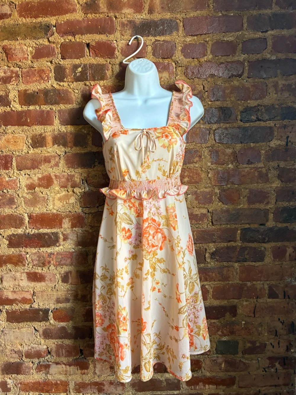 Vintage Orange and Cream Floral Print Midi Dress Sz. Small